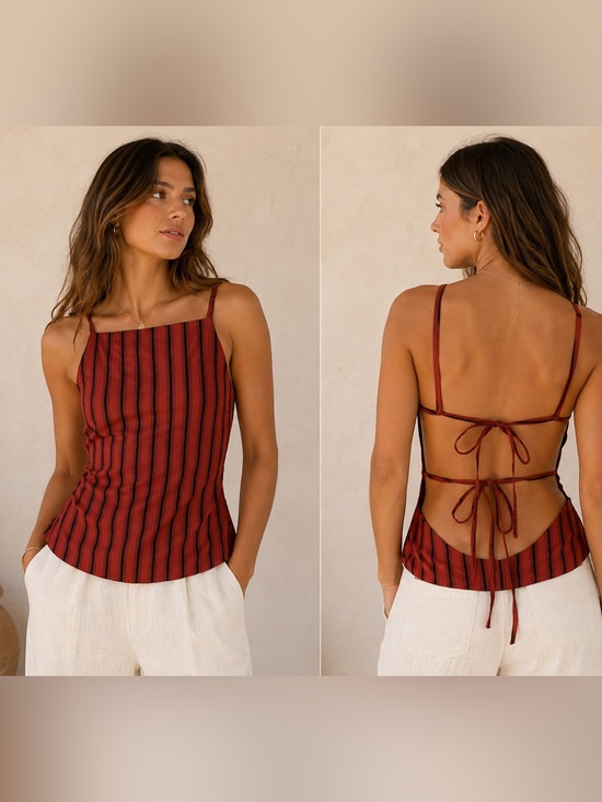 Lioness Tops - Lioness Red Black Striped Open Back Tie Back Tank Top size Small